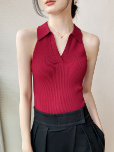 GEBEISHANG | Retro Red Halter Neck Crop Top V-Neck Sleeveless