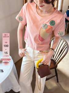 เสื้อยืดแขนสั้นผ้าฝ้ายลายดอกไม้สไตล์ญี่ปุ่นฤดูร้อน ทรงเข้ารูป ปกติ คอกลม เสื้อผ้าทำงานสไตล์ญี่ปุ่น แฟชั่นสตรี