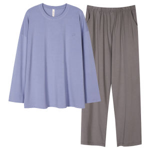 MiiOW | Mens Pure Cotton Sleepwear Long Sleeve Round Neck Pullover Set Casual Home Clothes Spring Autumn Wearable Comfortable Breathable