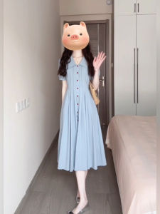 Xzy Plus Size Ladies French Style Work Clothing Turn-down Collar Blue Shirt Dress Womens Summer Puff Sleeves Waist-Slimming Long Dress