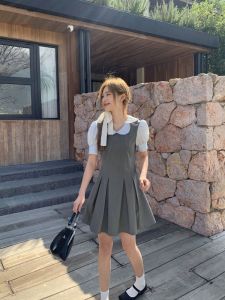 Sweet Petal Collar Fake Two-Piece Dress Womens Summer 2024 New Waist-Cinching A-Line Pleated Short Skirt Korean Style Commute