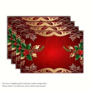 VIKAMA 4/6/8PC Red Gold Christmas Meal Mat Holly Leaves Red Berries Rose Table Western Restaurant Christmas Party Decoration