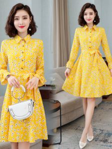 Spring Early Season Womens Dress French Floral Slim Fit Large Size Red Elegance Long Sleeve Chiffon Skirt Korean Style Button Print A-Line Midi Dress