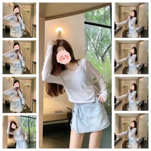 White Drawstring Shoulder T-Shirt Long Sleeve Womens Summer New Design Gathered Waist Slimming Top Skin-friendly Breathable