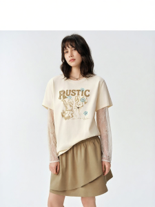 DUSHU | Plus Size Lace Patchwork Illusion Two-piece Long Sleeve T-shirt