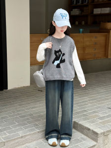 MPW | ชุดเด็กผู้หญิง 3 ชิ้น แฟชั่นฤดูใบไม้ร่วง 2025 เสื้อกั๊กถักลายแมว ชุดเด็กสไตล์เกาหลี เสื้อผ้าเด็ก MPW