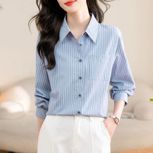 Blue White Striped Casual Long Sleeve Shirt Womens Luxury Commute Polo Collar Top Versatile Autumn Fashion for All Body Types