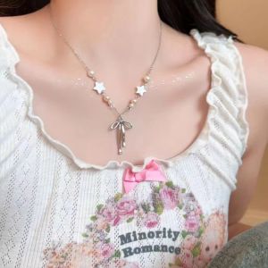 Korean Bowknot Necklace Pendant tar Pearl Neck Chain Necklace Y2K Aesthetic Ins Jewelry Gift