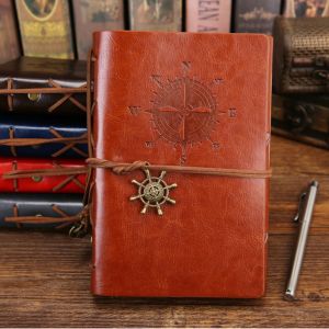 Vintage pirate ship design leather diary with navigation compass design faux leather cover reusable loose leaf travel notebook