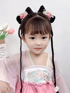 O-New Girls Hanfu Wig Antique One-Piece Hair Accessories Bow Ancient Costume Coiled Hair