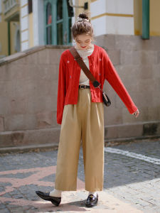 Khaki Loose Straight Leg Casual Pants Womens High Waist Nine Points Pure Cotton Autumn New Style Casual Trousers