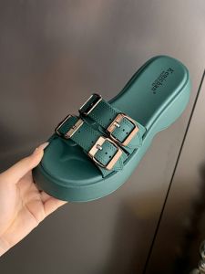 Kenichan New Arrival K-style Slippers Womens Summer One-Line Thick Sole Wedge Four-Button Sandals Outwear Mid Heel