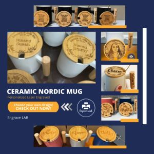 Personalized Nordic Ceramic Mug with Bamboo Hande & Lid | Laser Engraved Gift Tokens Souvenir