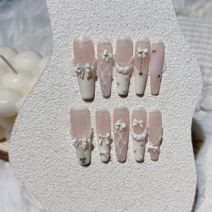 Cute 3D Pearl Bow French Handmade Press On Nails Sweet Plaid Skirt Ballet Long Nail Art Beaded Glitter White Fake Nails