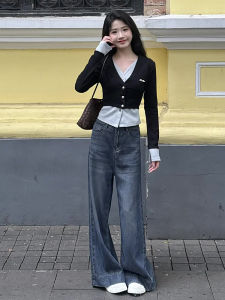 Retro American Grey Wash High Waist Bell Bottom Denim Jeans Womens Loose Feel Wide Leg Long Trousers Autumn Small Size Lazy