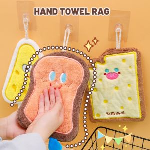 Cute Cartoon Cheese Toast Hand Towel with Hanging Ring 3-Layer Thickened Absorbent Towel Quick-Drying Coral Velvet Children Towel Bathroom Kitchen Accessories