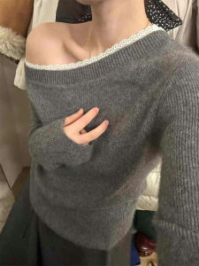 เสื้อชั้นในถักคอตตอนสีเทาสไตล์เกาหลี สำหรับผู้หญิง ฤดูใบไม้ร่วง/ฤดูหนาว เสื้อสเวตเตอร์คอวีทรงสลิมฟิต แขนยาว ปกติ