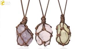 CSJA Healing Crystals Necklace Stone Gem Natural Stone Pendant Rope Wrap Necklace for Women Amethysts Rose Crystal Quartzs G317