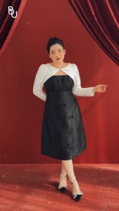 Set áo khoác trắng lá cổ lật + Váy 2 dây đính nơ BIGSIZE (55kg đến 95kg) - 23SBD19 - [BUstu Bigsize]
