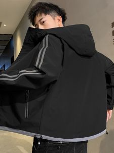 ROMON | Áo khoác nam Lomar có mũ trùm đầu mùa xuân thu mới ngắn ngoài trời chống gió thể thao thường ngày áo khoác nỉ chống gió mùa thu