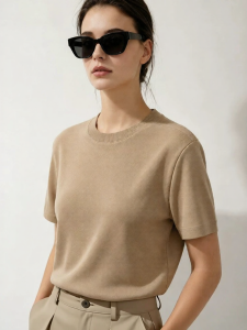 AMII | New Minimalist Casual Round Neck Rib Spliced Cotton Elastic Short Sleeve Top