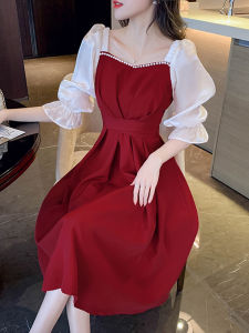 Hebe Style Vintage Square Collar Dress Elegant Midi Length Bubble Sleeve Wedding Dinner Party French Retro Dress for Women