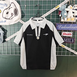 Summer New American Retro Color Block Polo Collar Short Sleeve T-Shirt Mens Loose Casual Versatile Top Trendy Cotton Nylon