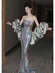 Elegant French High-End Bridal Gown Silver Sequin Slimming Bustier Fish Tail Engagement Dinner Dress New 2025 Wedding Dress