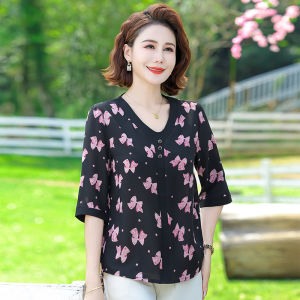 Middle-Aged and Elderly Womens Summer Mid-Sleeve Shirt Fashionable Hiding Fat Bottoming Shirt Mom Summer Clothes Loose Plus Size Chiffon Tops