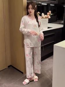 Laice silk sleepwear print floral pajamas women pajamas sets on pullover long sleeve nightwear loungewear sets vintage New