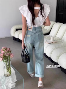 High Waist Straight Leg Blue Jeans Womens Loose Fit Casual Harlan Dad Jeans Tear Hole Vintage Style Nine Point Cigarette Pants