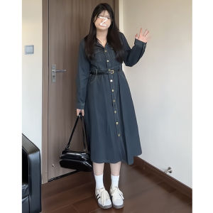 พลัสไซส์ ผู้หญิง แขนยาวสไตล์วินเทจฮ่องกง เดนิม เดรส พรางหุ่น เนื้อครอบคลุมสูง เอว ทรงเอ ยาว เดรส