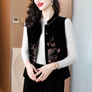 MAIMEI | New Chinese Style Silk Velvet Vest Womens Fashion Autumn Winter Gold Silk Velvet Jacket Embroidered Design Polyester Fiber