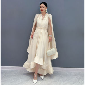 Summer New Chiffon Dress For Women Shawl Sleeves V-Neck Ruffled Edge Big Swing Long Dresses Elegant Robe 5R9810
