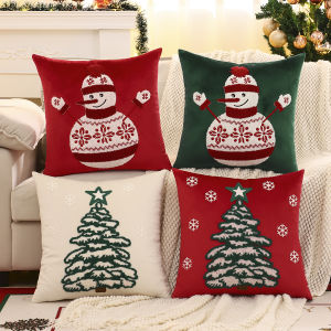 1 PC Christmas Tree Throw Pillow Cover Velvet Embroidery Snowman Christmas Decoration Living Room