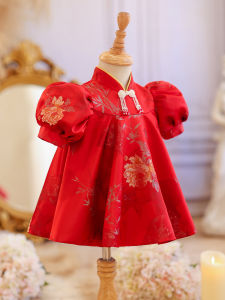 Princess Style Birthday Cake Cutting Dress Chinese Traditional Cheongsam Puffy Skirt for Baby Girls One Year Old Celebration