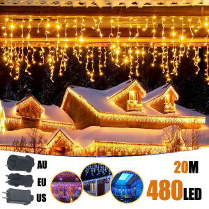 6.5200LED/20M480LED Icicle String Lights Christmas 40Drops 8 Modes Plug in Curtain Waterproof for Holiday Wedding Party Garden