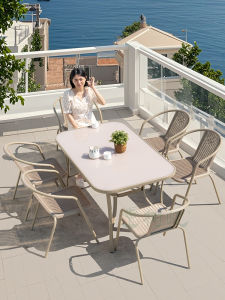 Outdoor Desk-Chair Courtyard Outdoor Garden Casual Milk Tea Shop Long Table Outdoor Balcony Outdoor Decoration Coffee Shop Dining Table with Umbrella