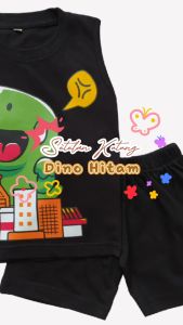 Setelan Kaos Kutung / Singlet Anak Bahan Katun untuk Anak Usia 1-6 Tahun Dinosaurus Warna Hitam