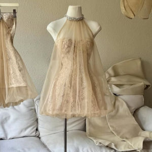 French Rich Lace Splicing Hang-neck Dress