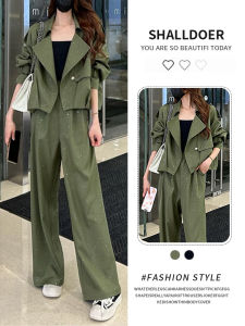Shalldoer | Fashionable Chic Womens Spring Autumn Set With Glittering Drill Wide Leg Casual Pants And Coat Two Piece Set High Waist