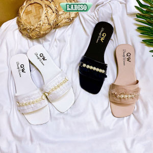 Dép quai ngang nữ LADISO phối ren nhún bèo kết ngọc mẫu mới cực xinh - TT348