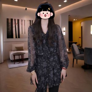 Autumn Lace Slim Fit Floral V-neck Tie Waist Casual Thin Soft Dress Womens 2025 Versatile Loose Style Long Sleeve Commute