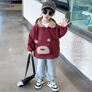 เสื้อแจ็คเก็ตฤดูใบไม้ผลิและฤดูใบไม้ร่วงสำหรับเด็กชาย ซิปด้านข้าง สีแดง ทรงหลวม ปกขนสัตว์ ผ้าโพลีเอสเตอร์ ปกติ