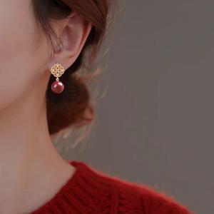 Retro Vermilion Earrings New Year Red New Chinese Style Fashion Jewelry out Silver Plated Metal Womens Earring