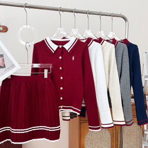 Embroidered Horse Single Button Long Sleeve Knitted Top High Waist Slimming Half Skirt Pleated Short Skirt Two Piece Set