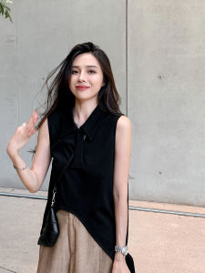 Elegant Polo Neck Sleeveless T-Shirt Womens Fashion Asymmetric Design Pure Color Korean Style Commute Suitable Summer Top