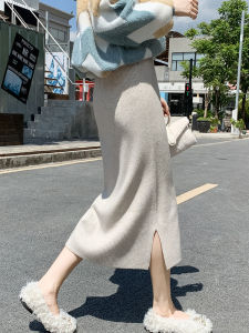 High Waist A-Line Knit Dress for Women – Elastic Waist Side Slit Midi Dress Ideal for Autumn and Winter Highlight Slimmer Figure