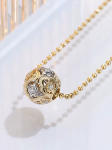 18k Gold Lab Diamond Sphere Beaded Necklace | Lab Diamond Sphere Pendant 16Pts | Vintage Engraved Pendant Moon Necklace | Daily Wear Luxury Necklaces 18K 金 球镶钻串珠项链复古雕刻吊坠颈链
