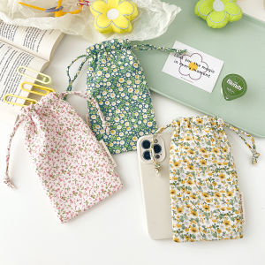 Thickened Upgrade Version 6.7 Inch Large Screen Phone Bag Womens Drawstring Cord Storage Cotton Bag Fresh Floral Print